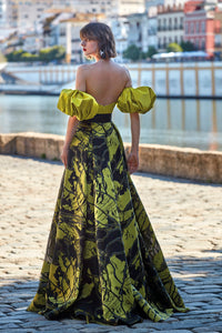 HerTrove-Puff sleeves top with brocade organza skirt