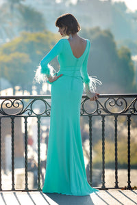 HerTrove-Side pleated crepe dress with feathers