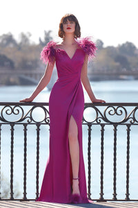 HerTrove-Pleated bodice crepe dress with feathers