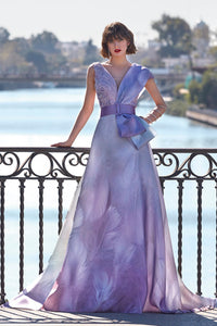 HerTrove-Printed organza dress with rhinestones lace