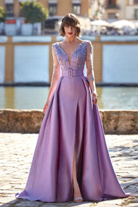 HerTrove-3/4 sleeves beaded dress with overskirt
