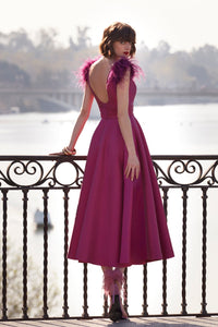 HerTrove-Feathered shoulders midi cloche dress
