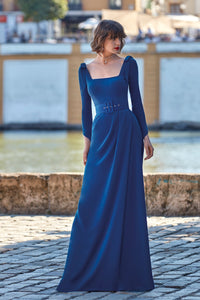 HerTrove-Squared neckline belted crepe dress