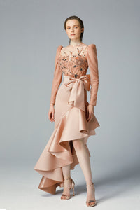 Fully beaded bodice with bow on waist asymmetric skirt - HerTrove
