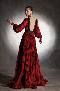 HerTrove - Puff sleeves printed pleated dress