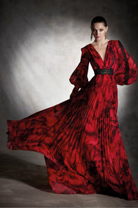 HerTrove - Puff sleeves printed pleated dress