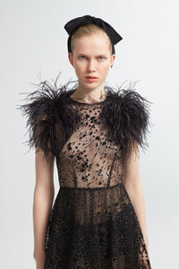 Feathered shoulders A-line dress - HerTrove