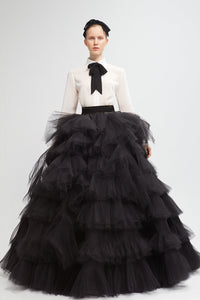 Georgette shirt with bow at the neck and ruffled skirt - HerTrove