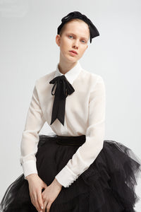 Georgette shirt with bow at the neck and ruffled skirt - HerTrove