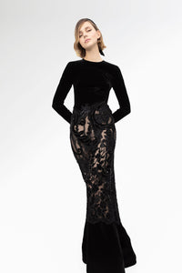 Long sleeves velvet bodice mermaid gown - HerTrove