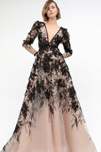 Deep V-neck 3d floral gown - HerTrove