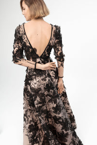 Deep V-neck 3d floral gown - HerTrove