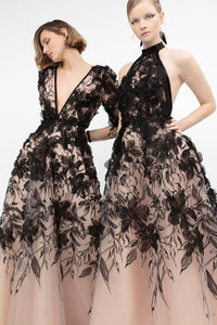 Deep V-neck 3d floral gown - HerTrove