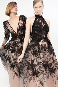 Deep V-neck 3d floral gown - HerTrove