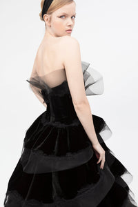 Ruffled open neckline pleated gown - HerTrove