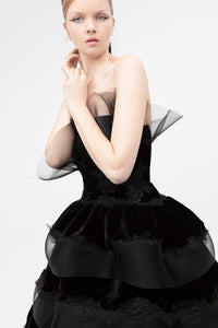 Ruffled open neckline pleated gown - HerTrove