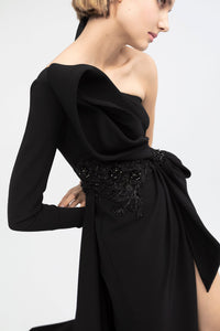 Asymmetrical neckline knotted waistline crepe dress - HerTrove