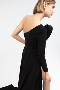Asymmetrical neckline knotted waistline crepe dress - HerTrove