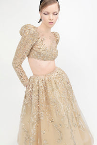 Fully beaded crop top with A-line skirt - HerTrove