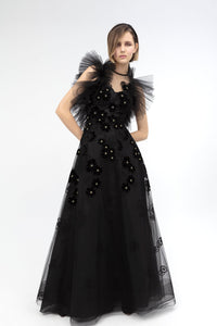 Exaggerated pleated details semi sheer tulle dress - HerTrove