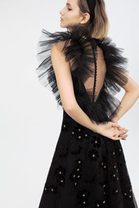 Exaggerated pleated details semi sheer tulle dress - HerTrove