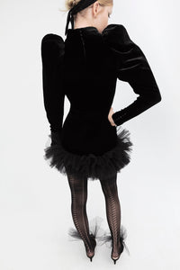 Velvet short dress with pleated tulle and Baroque era sleeves - HerTrove