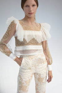 French lace renaissance top with brocade pants - HerTrove