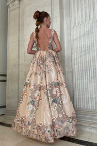 Plunging neckline floral embroidered gown - HerTrove