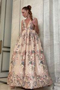 Plunging neckline floral embroidered gown - HerTrove