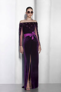 Her Trove - Off shoulder belted velvet dress