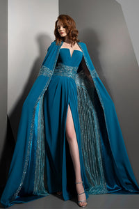 Her Trove - High slit gown with beaded cape