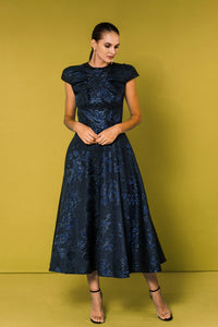 brocade midi dress with sleeves Cap Blue / US 16 Size:Custom Plus  Size> 11 years +$50 Tropical Quilt Asymmetric sleeve design — Women`s Deluxe Green Ivy