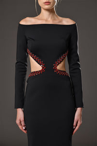 embroidered jersey dress with embroidery on waist Ladies dresses