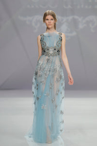 pleated dresses and embroidery neckline embroidered tulle dress Light Blue / US 16 A matching belt cinches Minimalist Wedding Dresses | EUR Size:39 1.5
